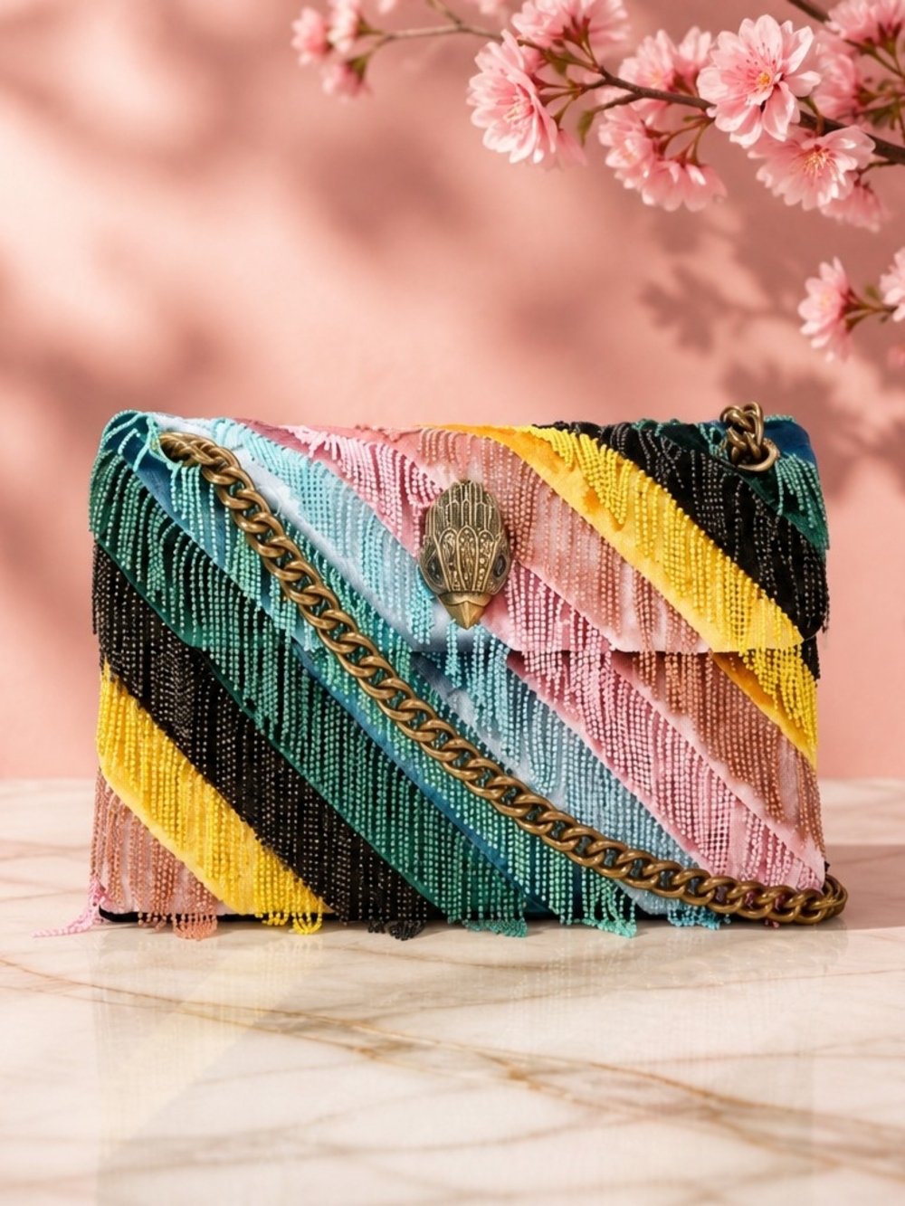 Small Multicolor Beaded Fringe Chain Shoulder Bag